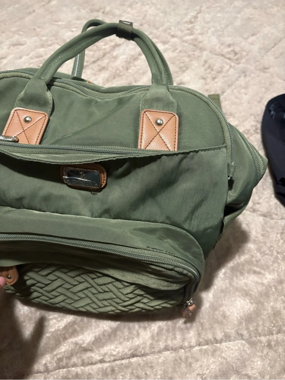 Olivia + Joy Olive Green Quilted Front Backpack with Tan Trim